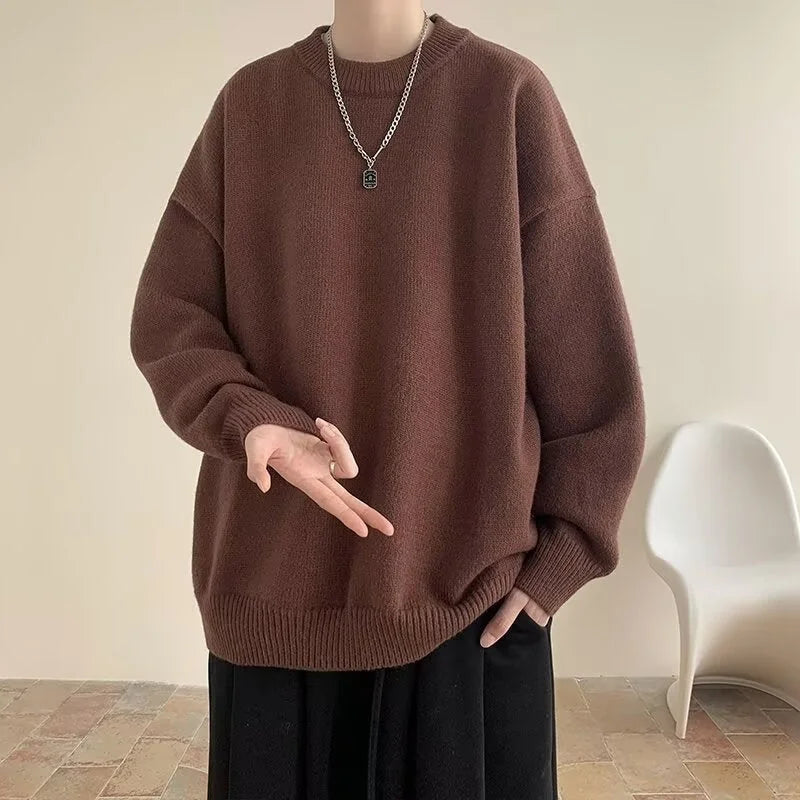 Brown Women's Oversized Sweater with Crew Neck & Ribbed Cuffs