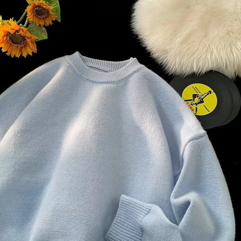 Light Blue Women's Oversized Sweater with Crew Neck & Ribbed Cuffs