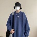 Dark Blue Women's Oversized Sweater with Crew Neck & Ribbed Cuffs - Front Worn Bucket Hat