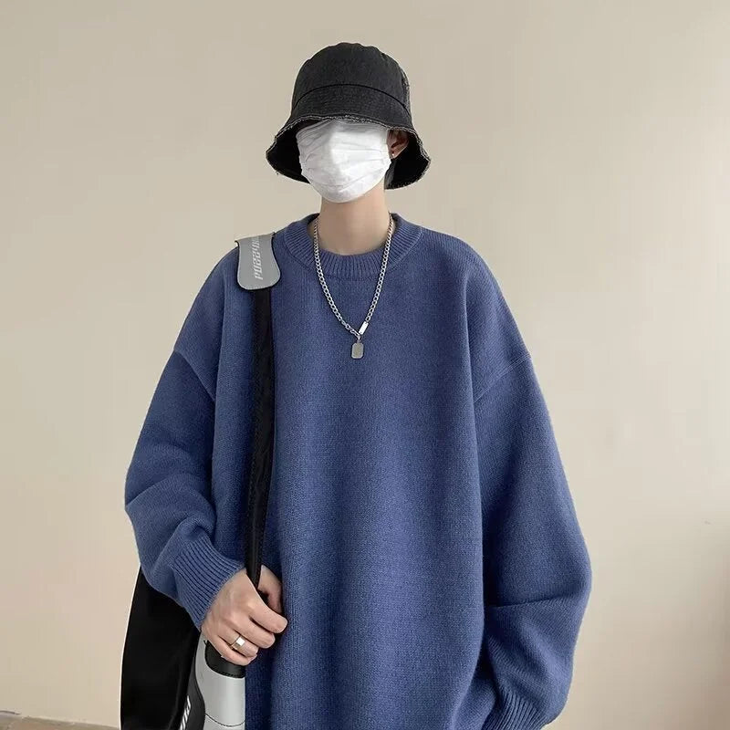 Dark Blue Women's Oversized Sweater with Crew Neck & Ribbed Cuffs - Front Worn Bucket Hat