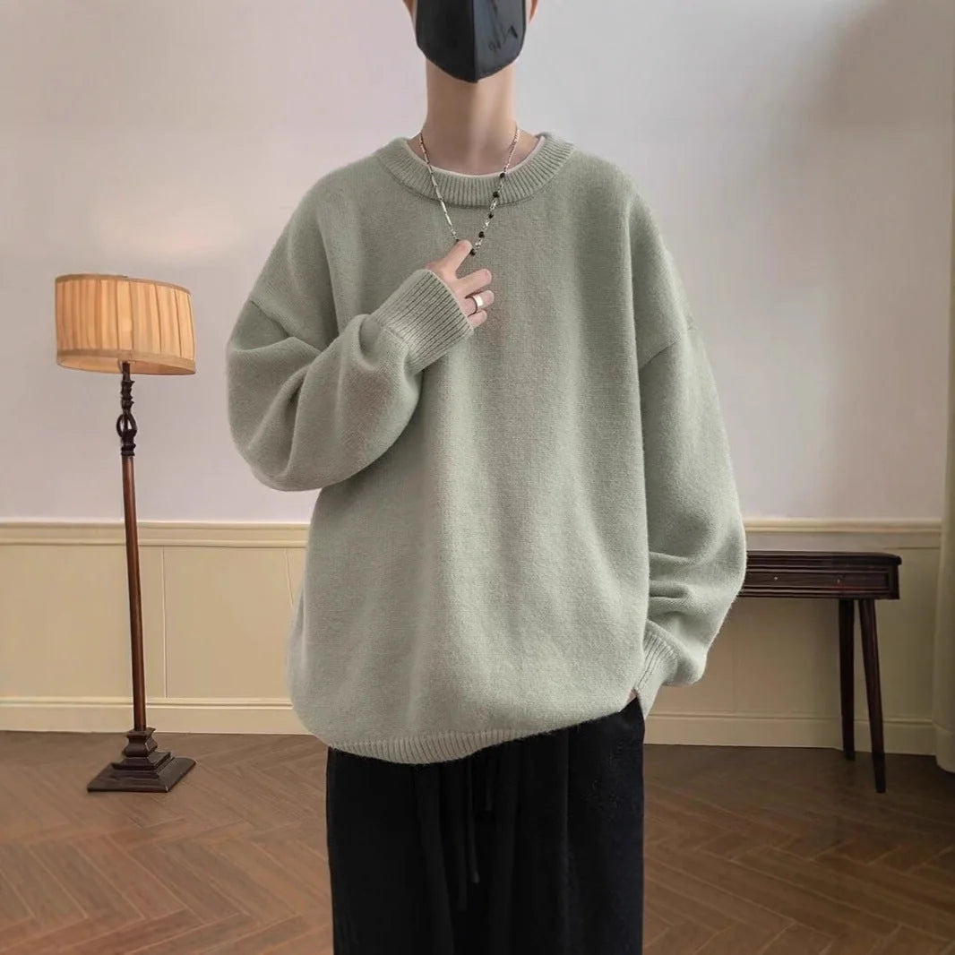 Women's Oversized Sweater with Crew Neck & Ribbed Cuffs - Front Full Worn