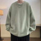 Olive Green Women's Oversized Sweater with Crew Neck & Ribbed Cuffs - Front Worn Plain