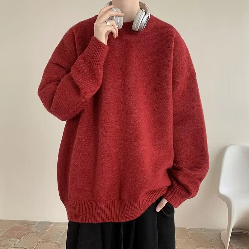 Red Women's Oversized Sweater with Crew Neck & Ribbed Cuffs