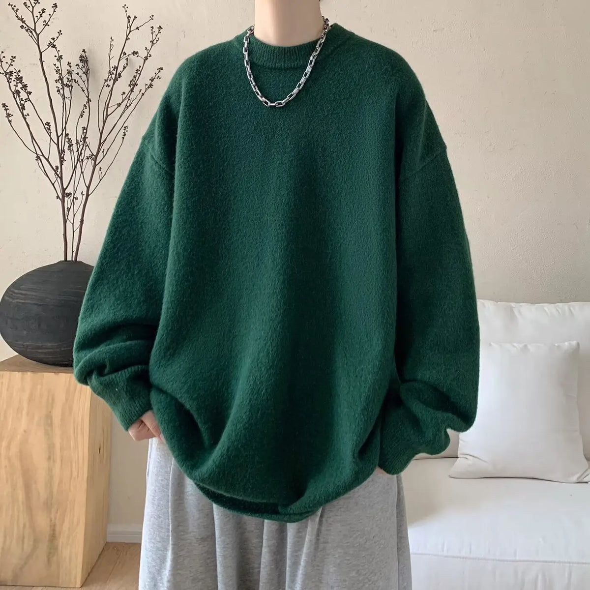 Dark Green Women's Oversized Sweater with Crew Neck & Ribbed Cuffs