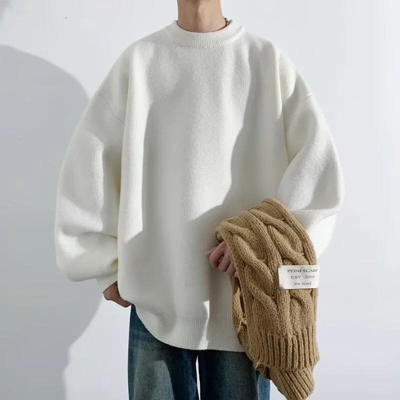 White Women's Oversized Sweater with Crew Neck & Ribbed Cuffs