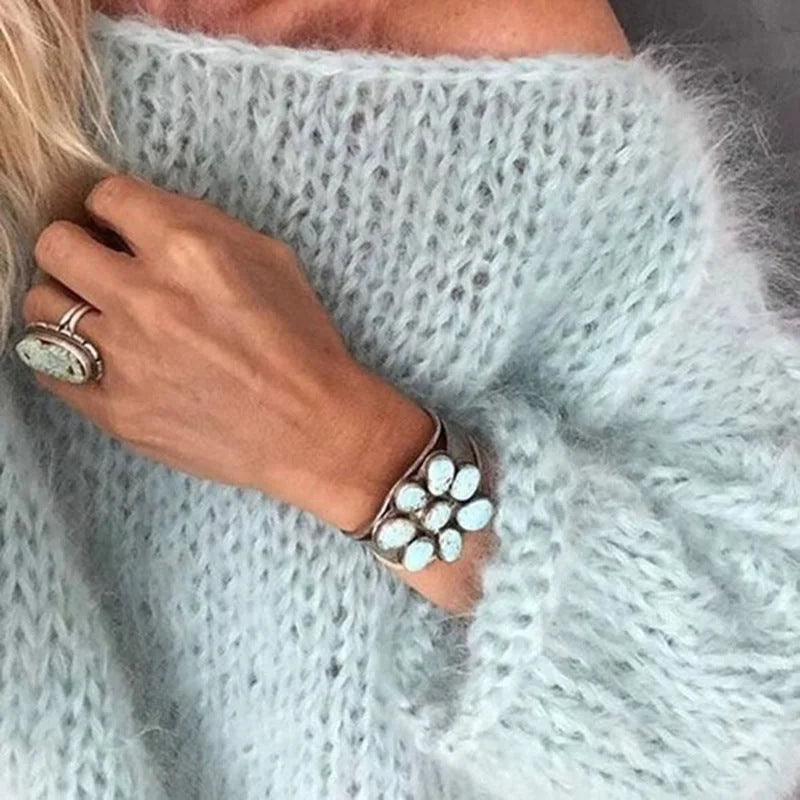 Blue Women's Oversized Crochet Sweater with Soft Open-Knit Texture