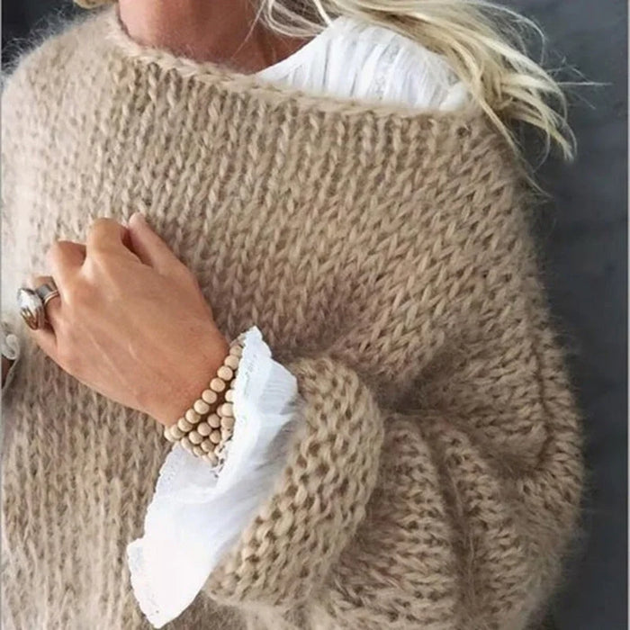 Khaki Women's Oversized Crochet Sweater with Soft Open-Knit Texture