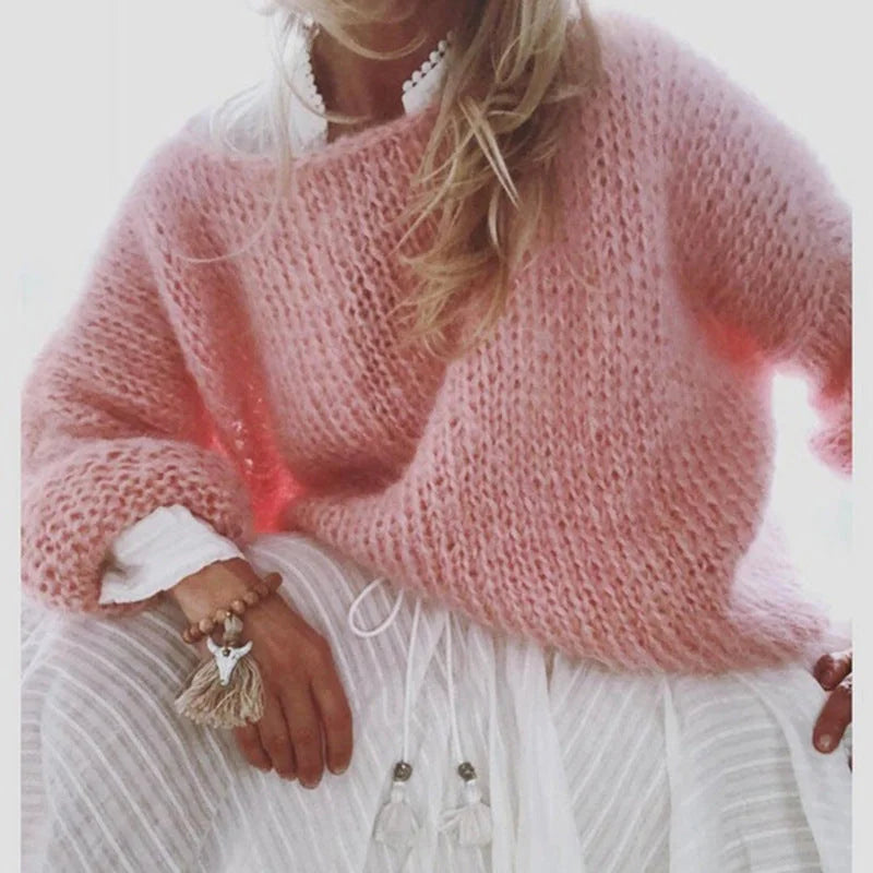 Pink Women's Oversized Crochet Sweater with Soft Open-Knit Texture