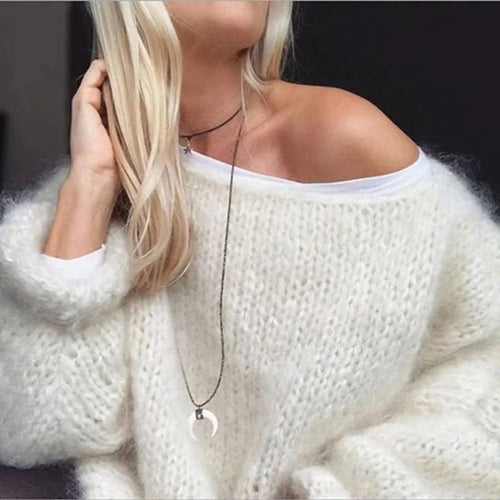 White Women's Oversized Crochet Sweater with Soft Open-Knit Texture