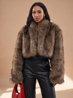 Dark Brown Women's Oversized Faux Fur Coat with Open Front & Wide Sleeves - Front Pose With Bag