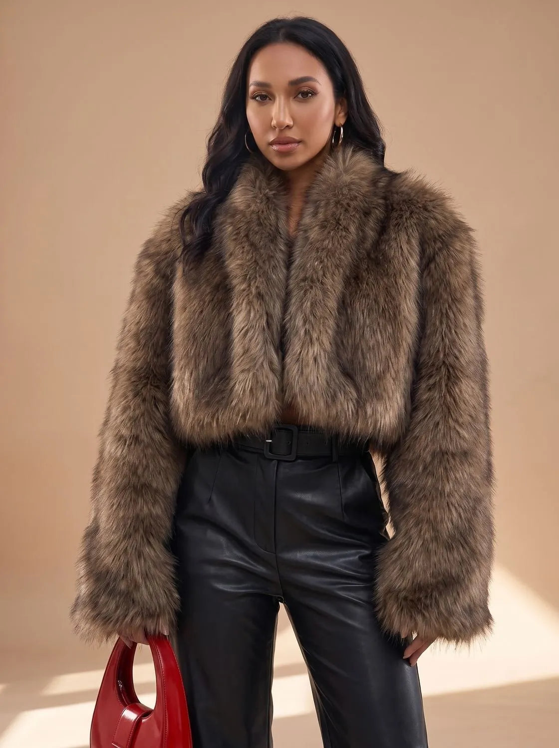 Dark Brown Women's Oversized Faux Fur Coat with Open Front & Wide Sleeves - Front Pose With Bag