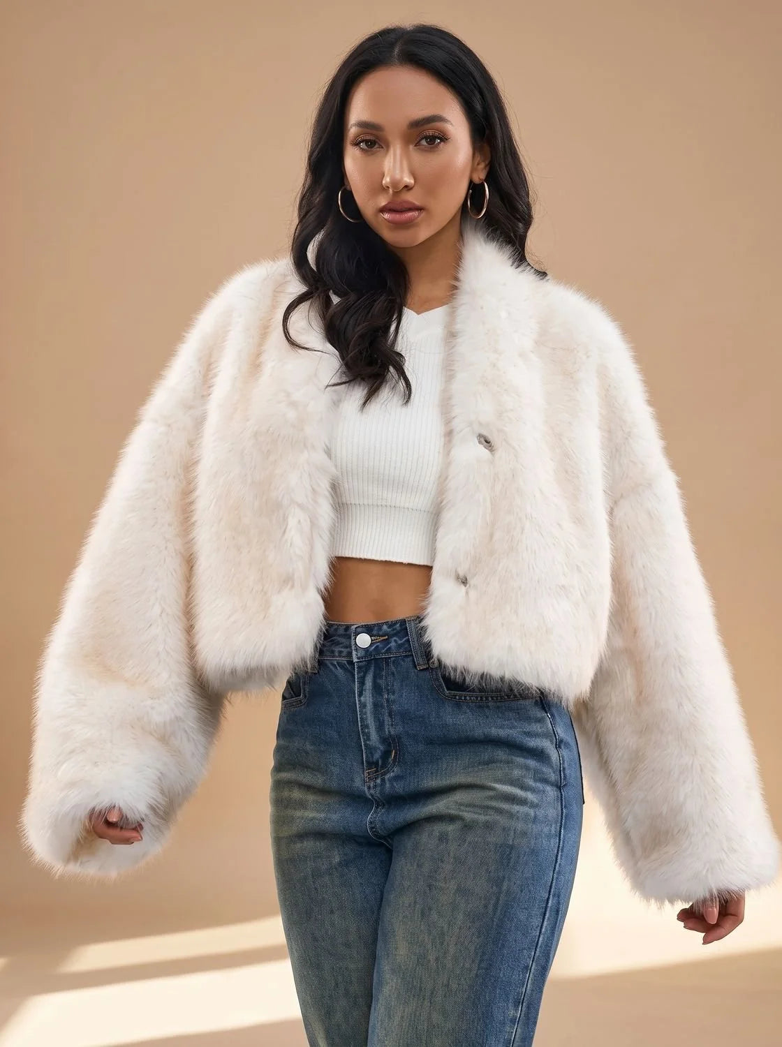 White Women's Oversized Faux Fur Coat with Open Front & Wide Sleeves