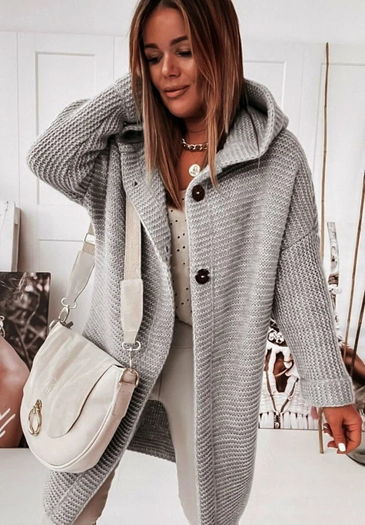 Grey Women's Hooded Cardigan with Oversized Fit & Button-Front Closure