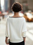 White Women's Oversized Knit Sweater with Boat Neck & Dolman Sleeves - Back Full View