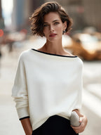 White Women's Oversized Knit Sweater with Boat Neck & Dolman Sleeves - Front Full Portrait