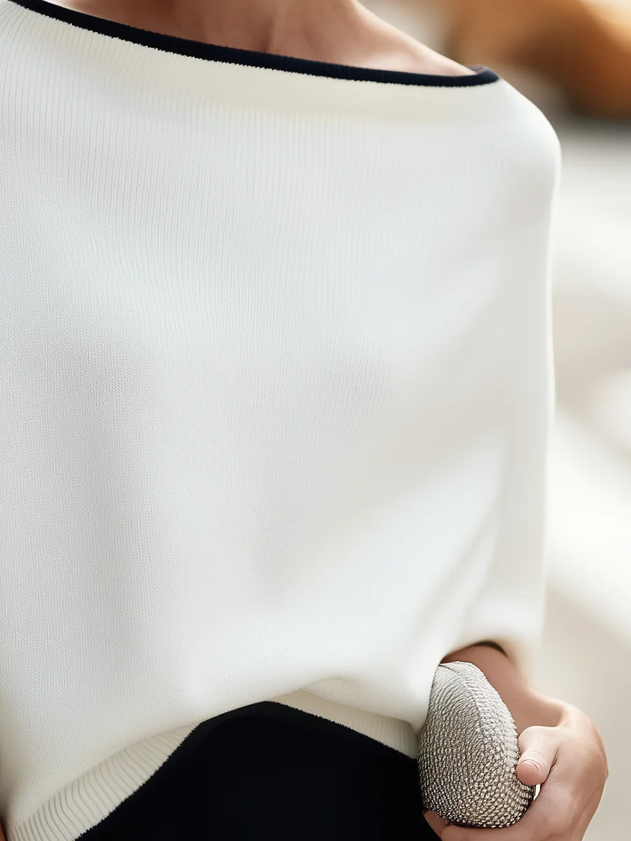 White Women's Oversized Knit Sweater with Boat Neck & Dolman Sleeves - Hem Detail