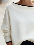 White Women's Oversized Knit Sweater with Boat Neck & Dolman Sleeves - Shoulder Detail