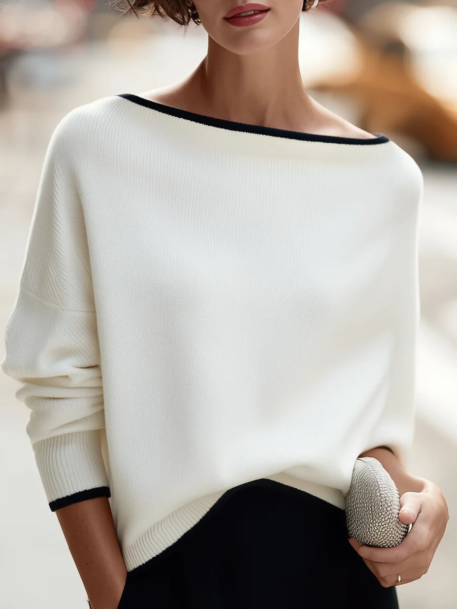 White Women's Oversized Knit Sweater with Boat Neck & Dolman Sleeves