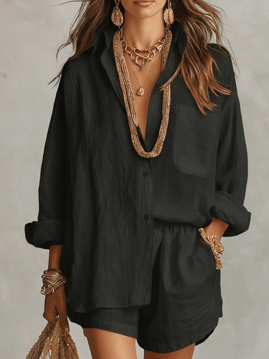 Black Women's Linen Co-Ord Set — Pia Oversized Shirt Shorts Relaxed - Front Hand Pocket
