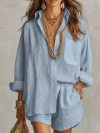 Blue Women's Linen Co-Ord Set — Pia Oversized Shirt Shorts Relaxed - Front Full