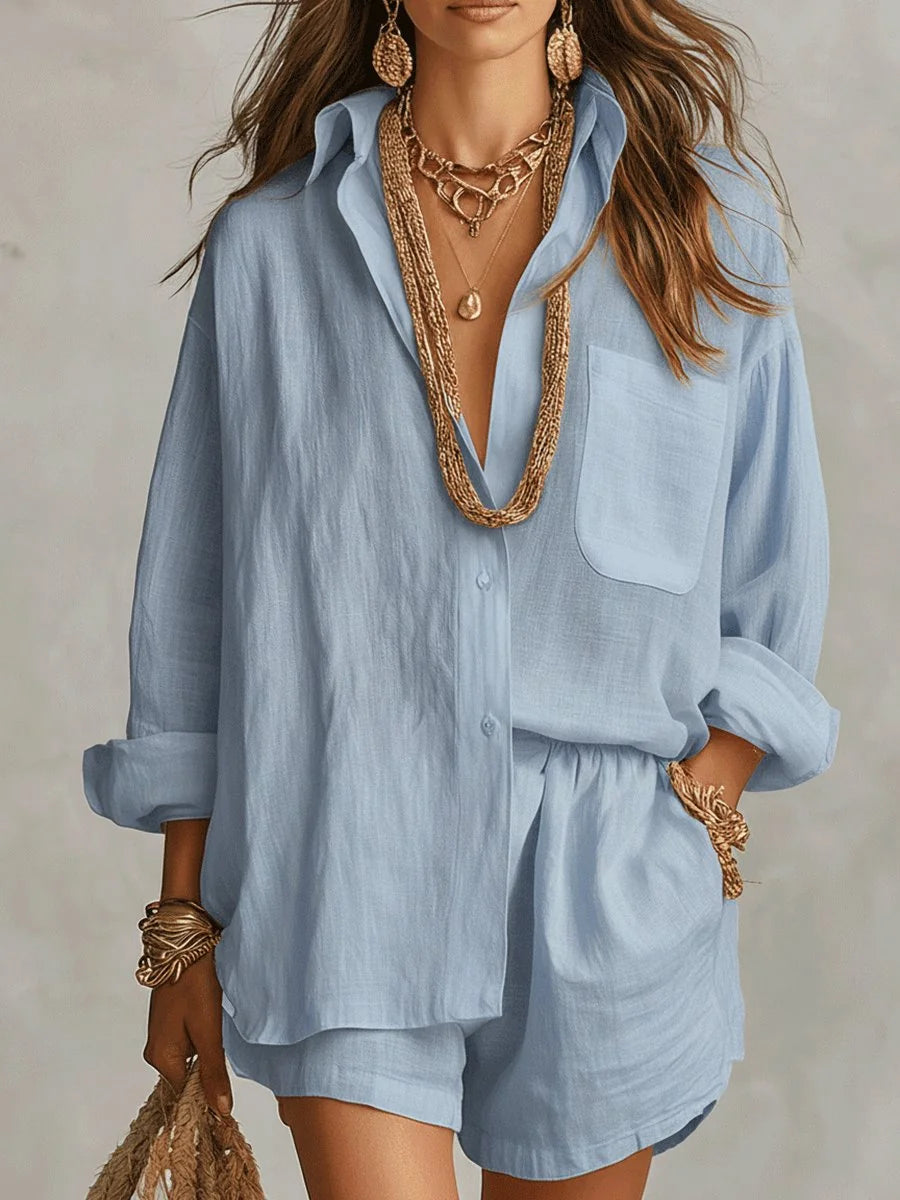 Blue Women's Linen Co-Ord Set — Pia Oversized Shirt Shorts Relaxed - Front Full