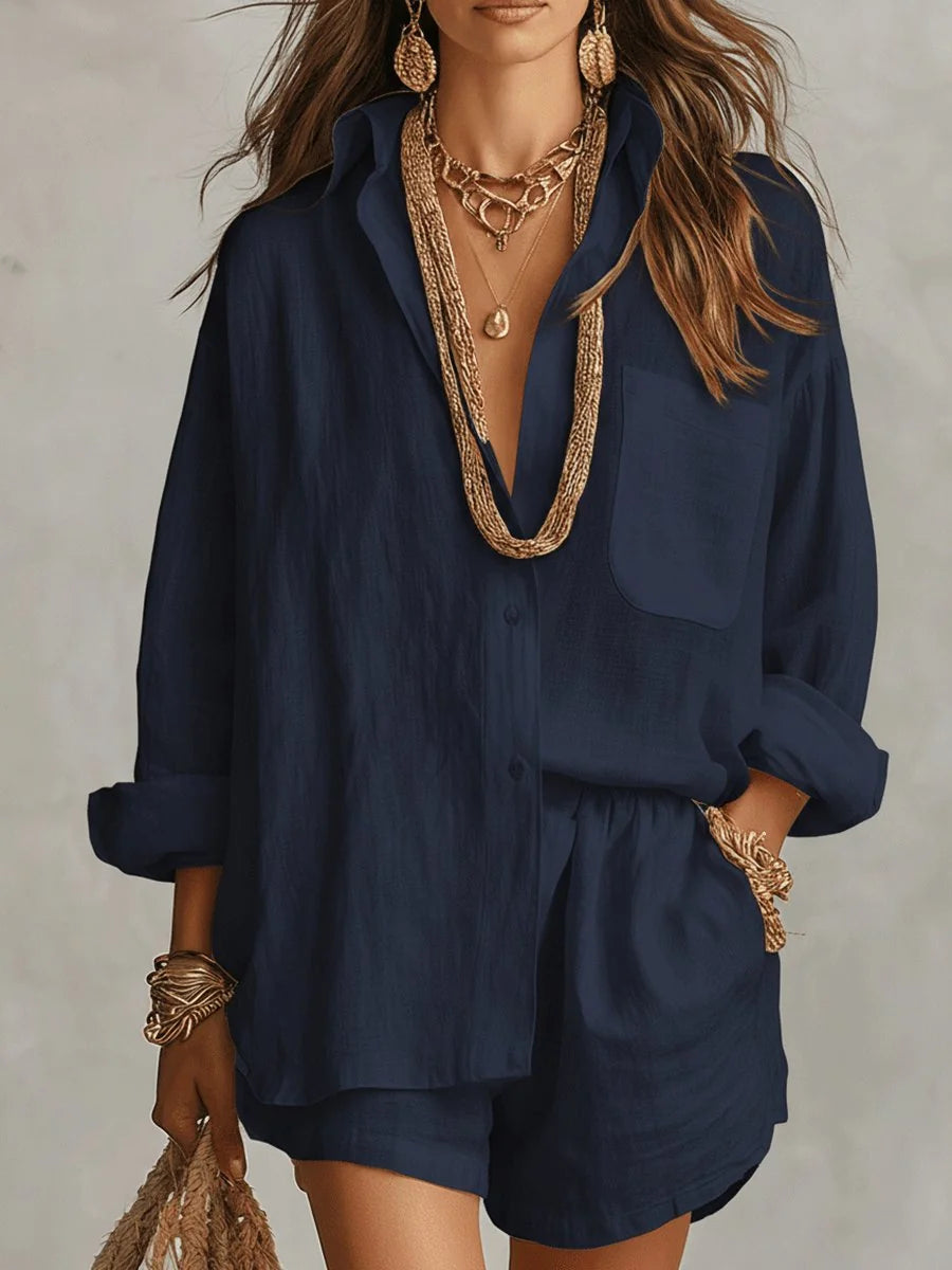 Dark Blue Blue Women's Linen Co-Ord Set — Pia Oversized Shirt Shorts Relaxed - Front Pose