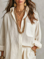 Off-White Women's Linen Co-Ord Set — Pia Oversized Shirt Shorts Relaxed - Close Up Neckline