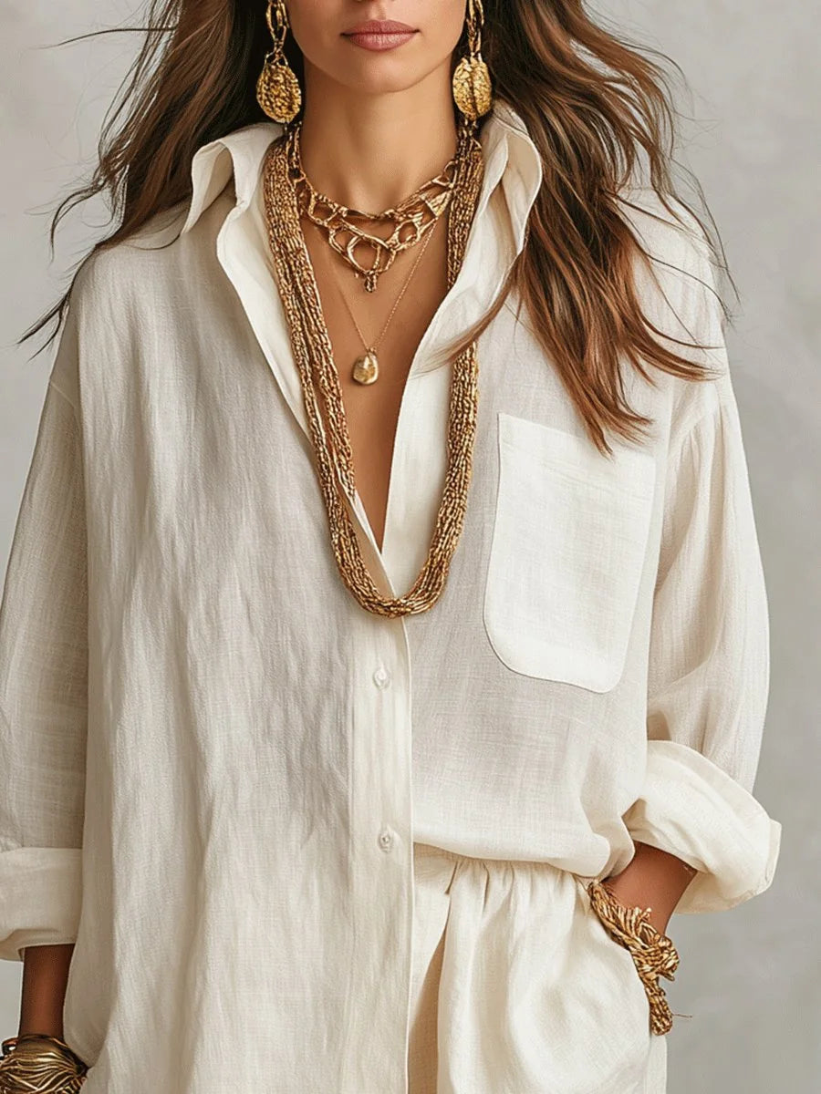 Off-White Women's Linen Co-Ord Set — Pia Oversized Shirt Shorts Relaxed - Close Up Neckline