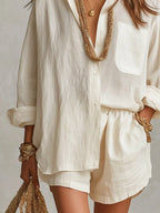 Off-White Women's Linen Co-Ord Set — Pia Oversized Shirt Shorts Relaxed - Close Up Torso Detail