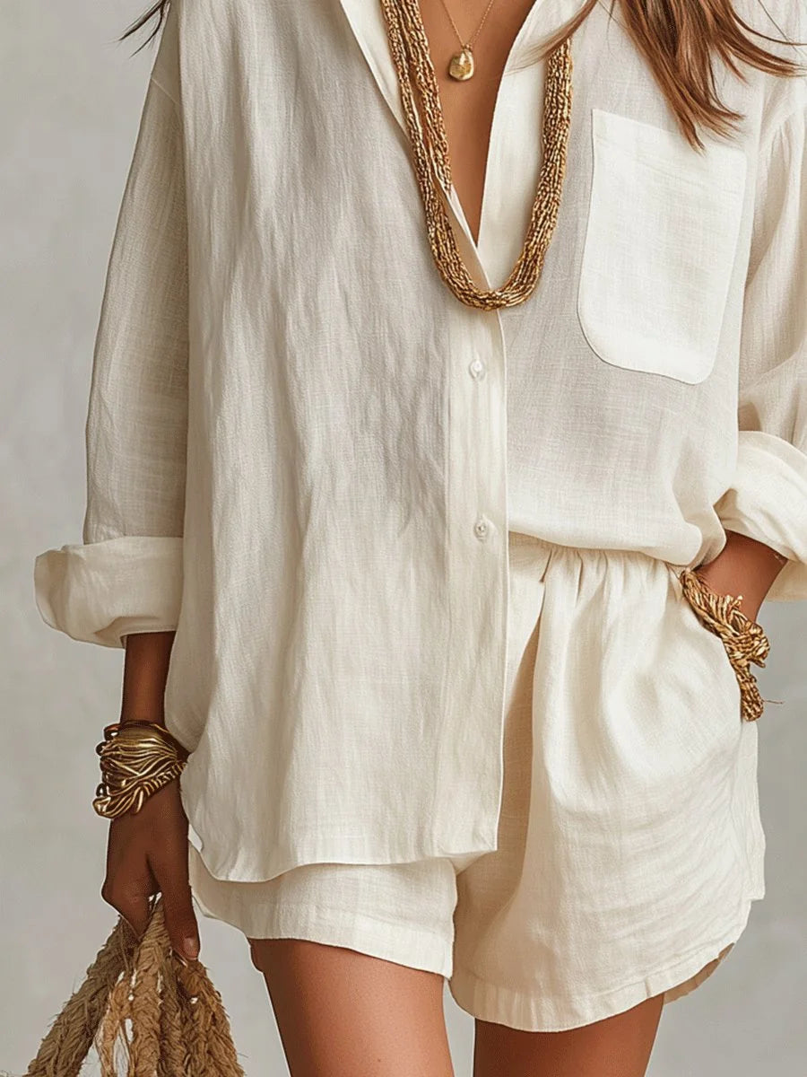 Off-White Women's Linen Co-Ord Set — Pia Oversized Shirt Shorts Relaxed - Close Up Torso Detail
