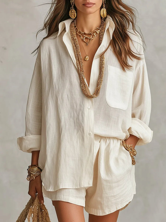Off-White Women's Linen Co-Ord Set — Pia Oversized Shirt Shorts Relaxed - Front Styled Jewelry