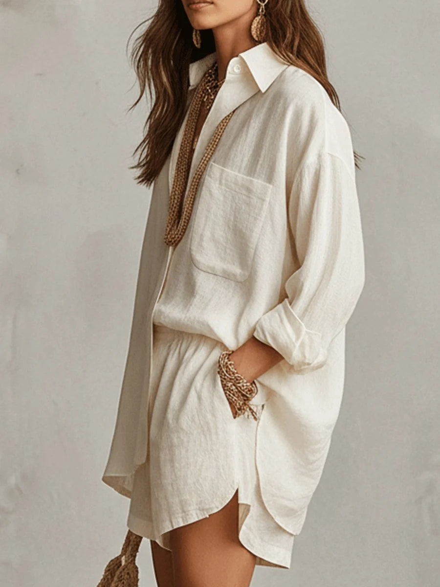 Off-White Women's Linen Co-Ord Set — Pia Oversized Shirt Shorts Relaxed - Side Pose