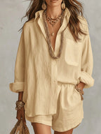 Yellow Women's Linen Co-Ord Set — Pia Oversized Shirt Shorts Relaxed - Front Relaxed