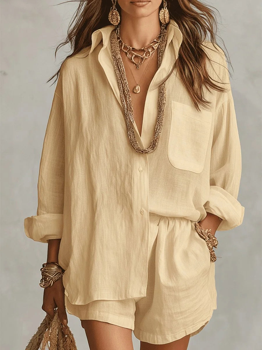 Yellow Women's Linen Co-Ord Set — Pia Oversized Shirt Shorts Relaxed - Front Relaxed