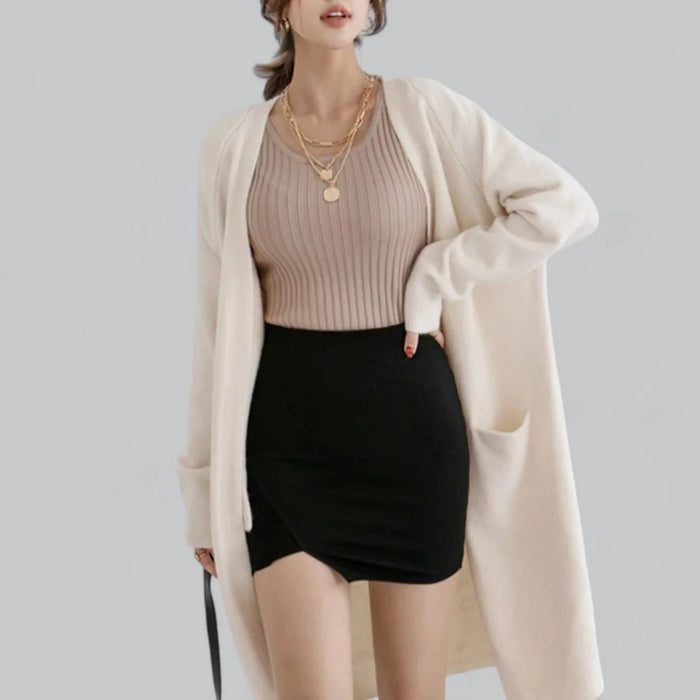 Beige Women's Long Oversized Cashmere Cardigan with Open-Front Design & Ribbed Knit Detail — Maelle - Front Pose Styled