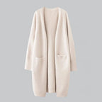 Beige Women's Long Oversized Cashmere Cardigan with Open-Front Design & Ribbed Knit Detail