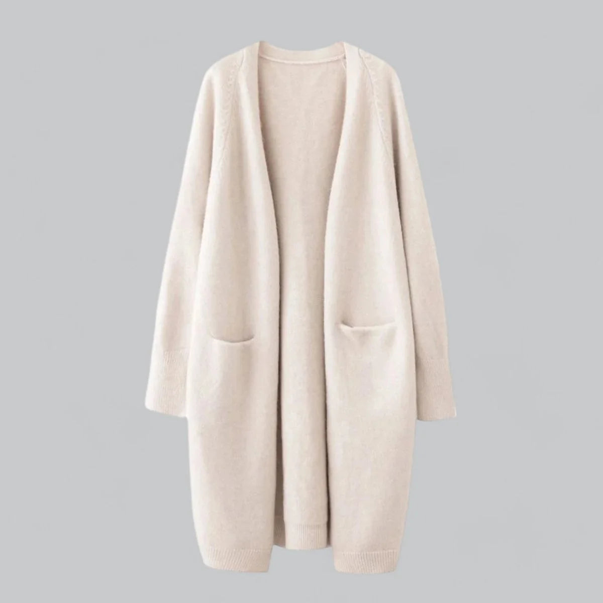 Beige Women's Long Oversized Cashmere Cardigan with Open-Front Design & Ribbed Knit Detail