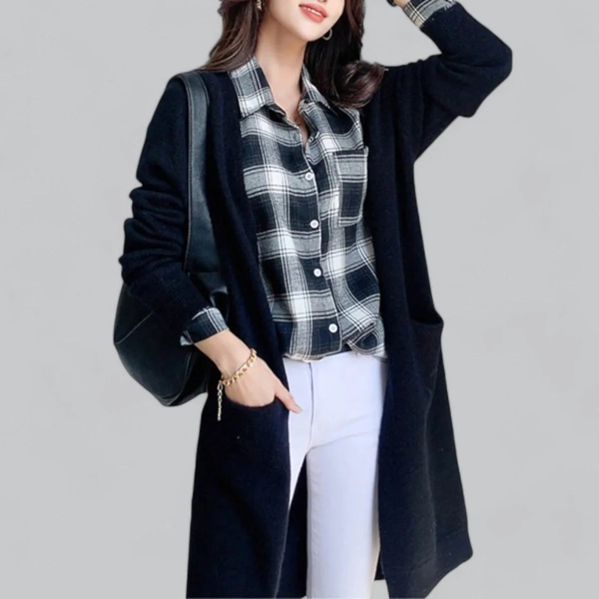 Black Women's Long Oversized Cashmere Cardigan with Open-Front Design & Ribbed Knit Detail — Maelle - Styled Plaid Look