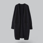 Black Women's Long Oversized Cashmere Cardigan with Open-Front Design & Ribbed Knit Detail