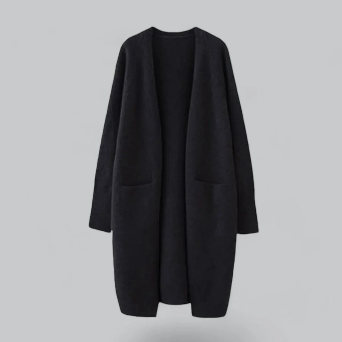 Black Women's Long Oversized Cashmere Cardigan with Open-Front Design & Ribbed Knit Detail