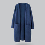 Blue Women's Long Oversized Cashmere Cardigan with Open-Front Design & Ribbed Knit Detail