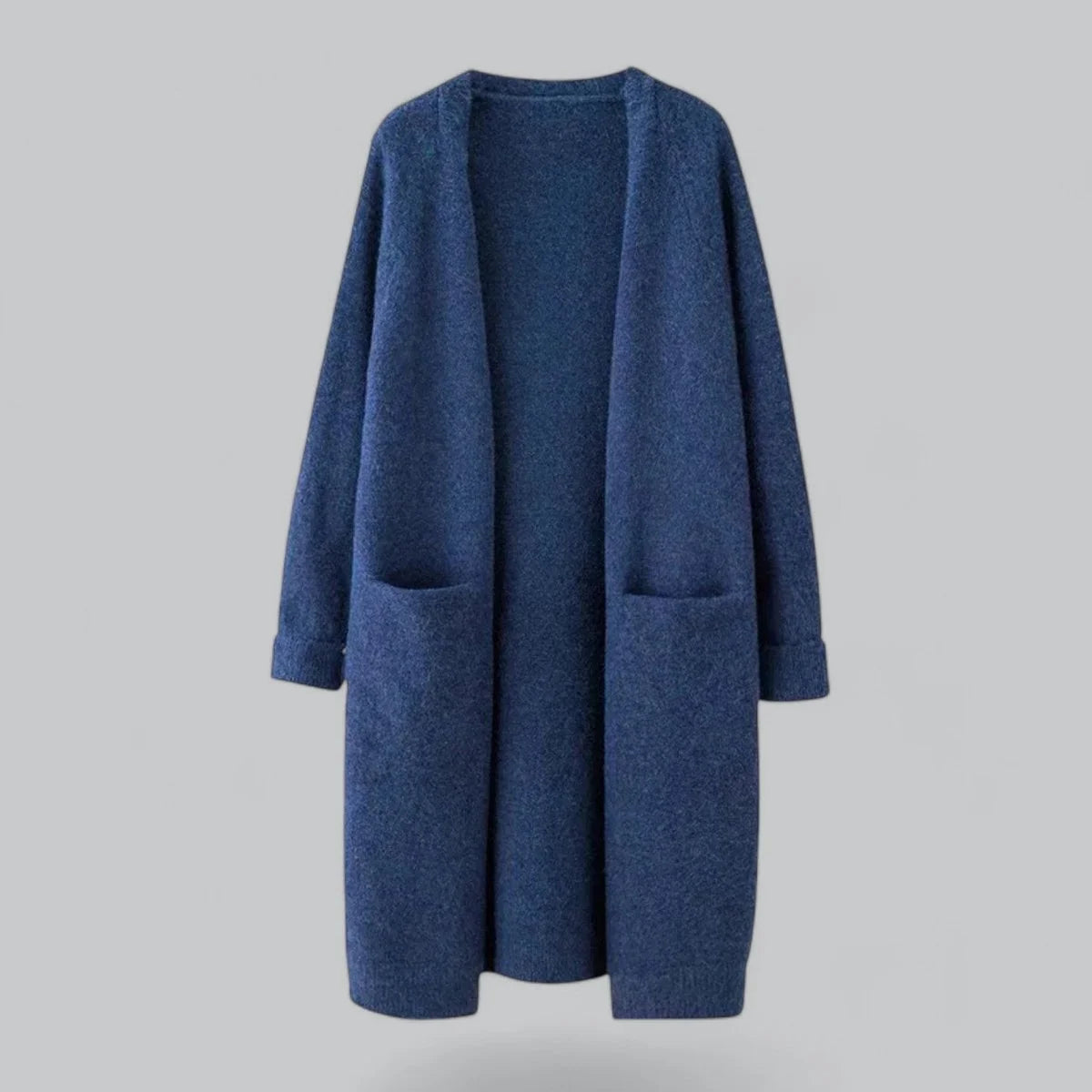 Blue Women's Long Oversized Cashmere Cardigan with Open-Front Design & Ribbed Knit Detail