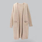 Khaki Women's Long Oversized Cashmere Cardigan with Open-Front Design & Ribbed Knit Detail — Maelle