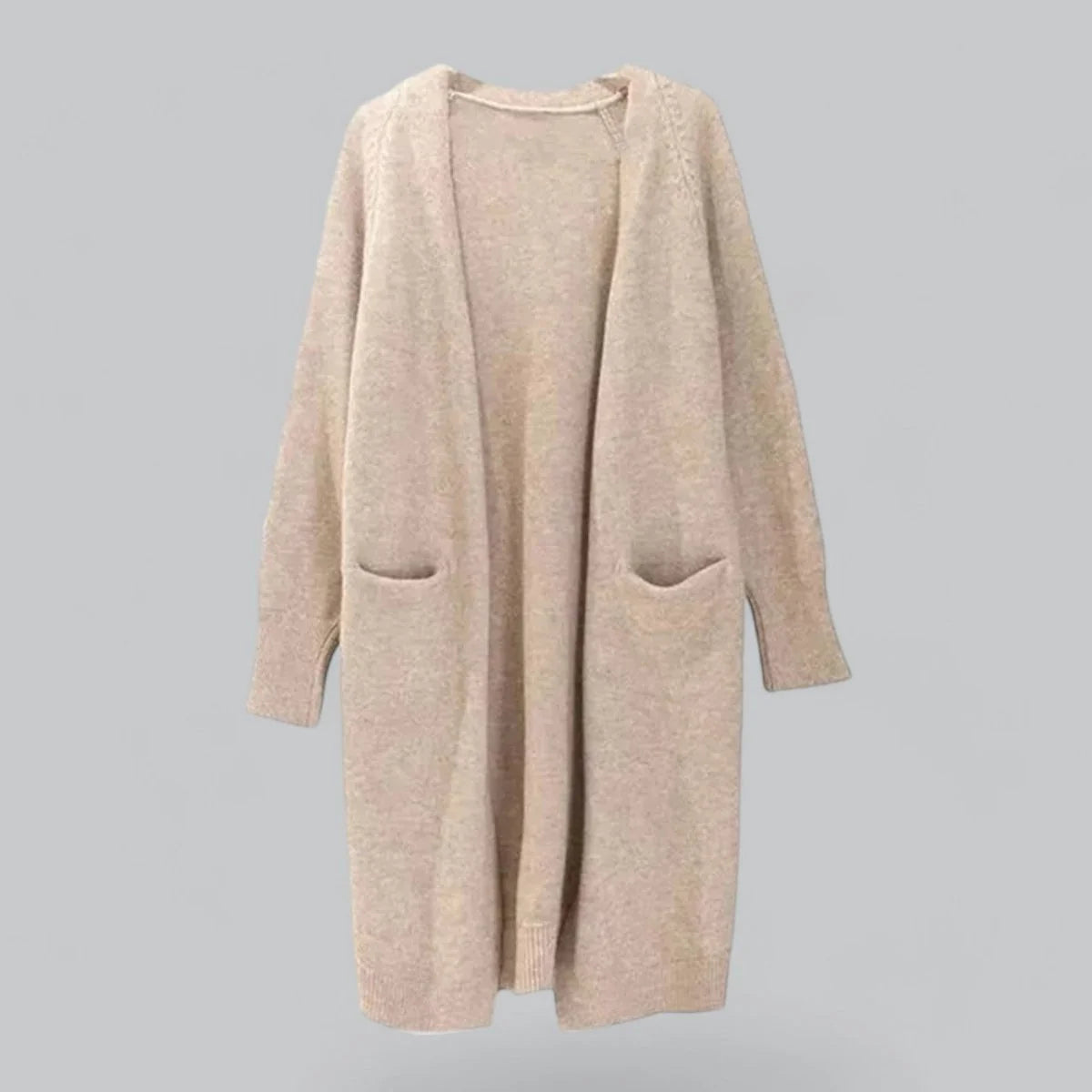 Khaki Women's Long Oversized Cashmere Cardigan with Open-Front Design & Ribbed Knit Detail — Maelle