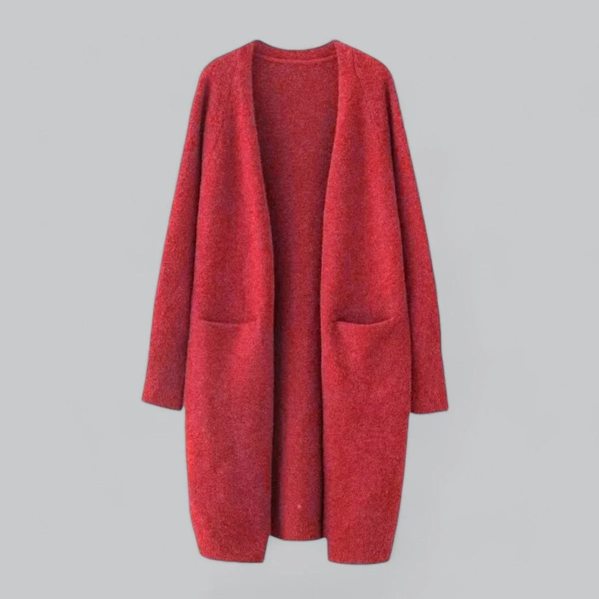 Red Women's Long Oversized Cashmere Cardigan with Open-Front Design & Ribbed Knit Detail — Maelle
