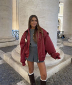Burgundy Women's Oversized Quilted Bomber Jacket with Contrast Stitching & Relaxed Fit — Chloe - Front Full