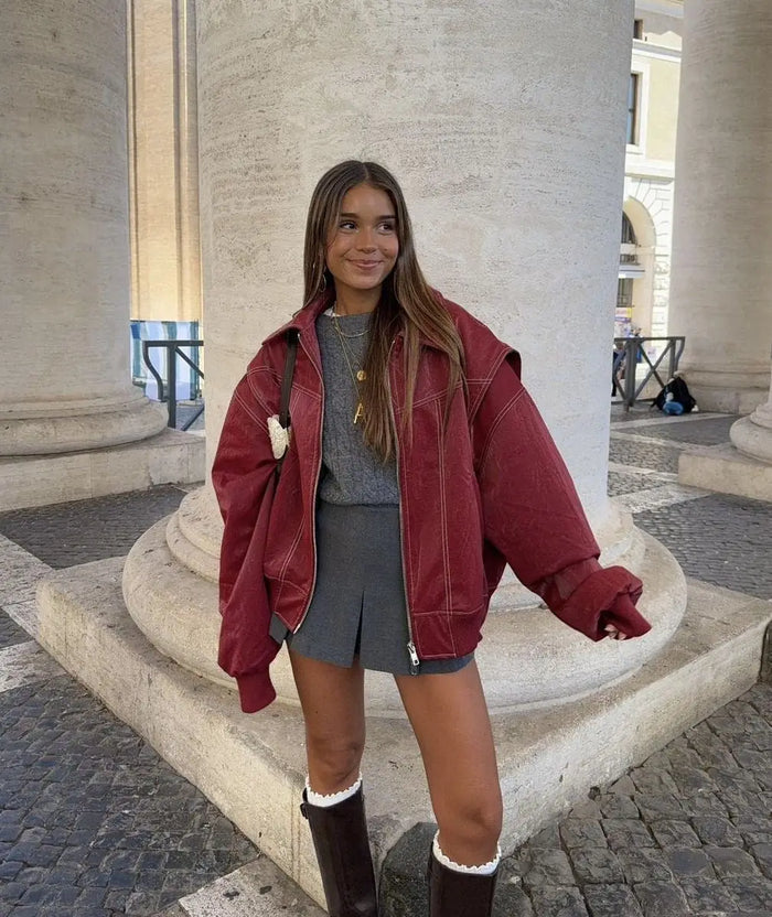 Burgundy Women's Oversized Quilted Bomber Jacket with Contrast Stitching & Relaxed Fit — Chloe - Front Full
