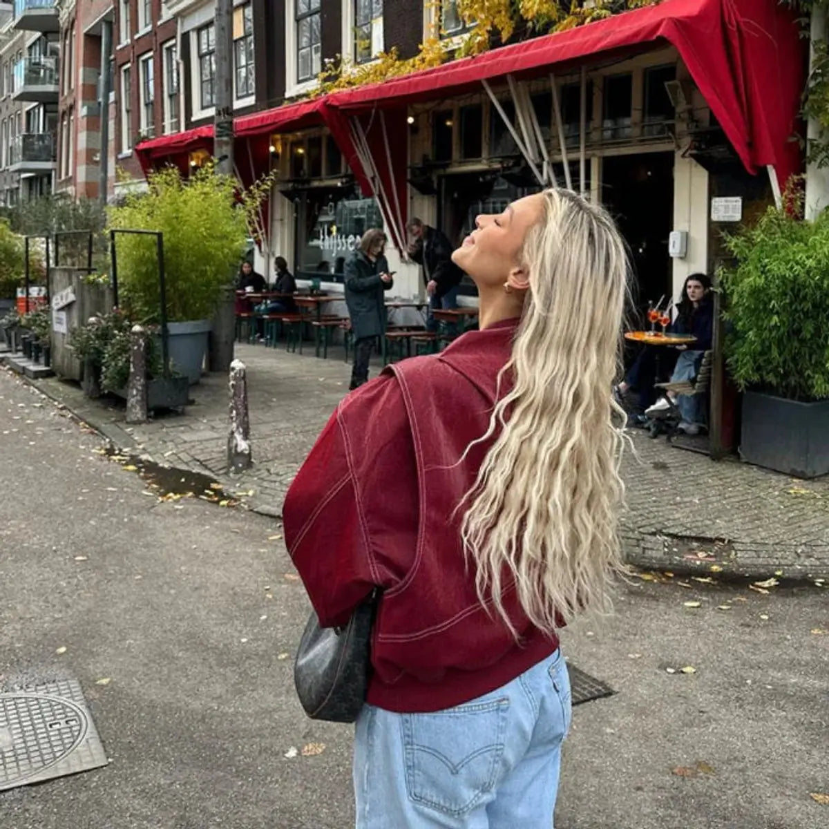 Burgundy Women's Oversized Quilted Bomber Jacket with Contrast Stitching & Relaxed Fit — Chloe - Street Back View