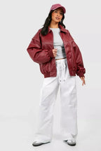 Burgundy Women's Oversized Quilted Bomber Jacket with Contrast Stitching & Relaxed Fit — Chloe - Studio Full Body Cap