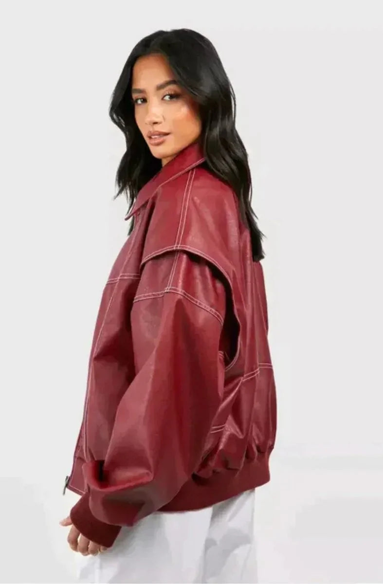 Burgundy Women's Oversized Quilted Bomber Jacket with Contrast Stitching & Relaxed Fit — Chloe - Studio Side Pose